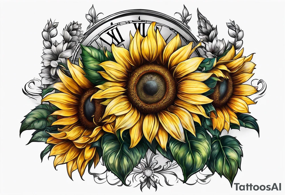 Sleeve with Roman numeral and sunflowers tattoo idea