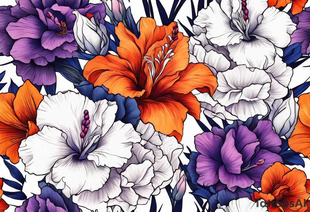 floral tattoo of purple gladiolus flowers, pink peonies, red hawthorns, orange marigold, navy blue sweet peas, and white paper white narcissus tattoo idea