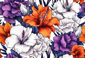floral tattoo of purple gladiolus flowers, pink peonies, red hawthorns, orange marigold, navy blue sweet peas, and white paper white narcissus tattoo idea