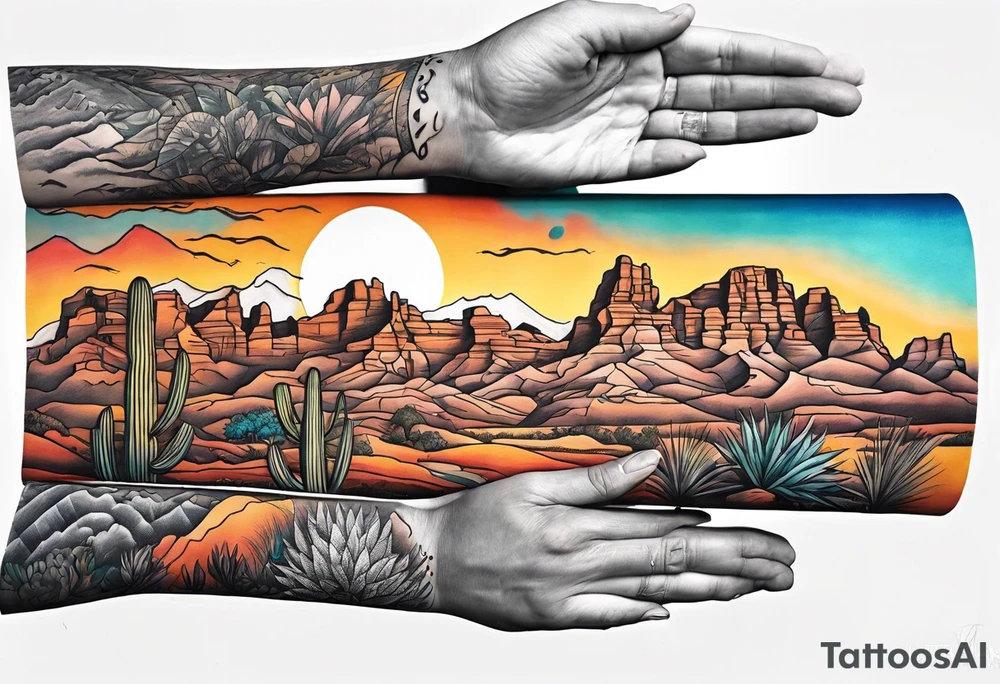Forearm tattoo with southwest landscape and hikers tattoo idea