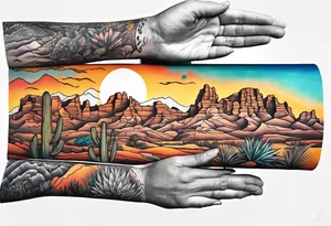 Forearm tattoo with southwest landscape and hikers tattoo idea