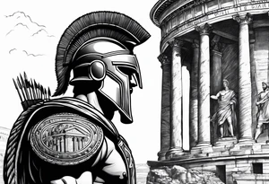 Side profile of spartan soilder with Rome Pantheon in background tattoo idea