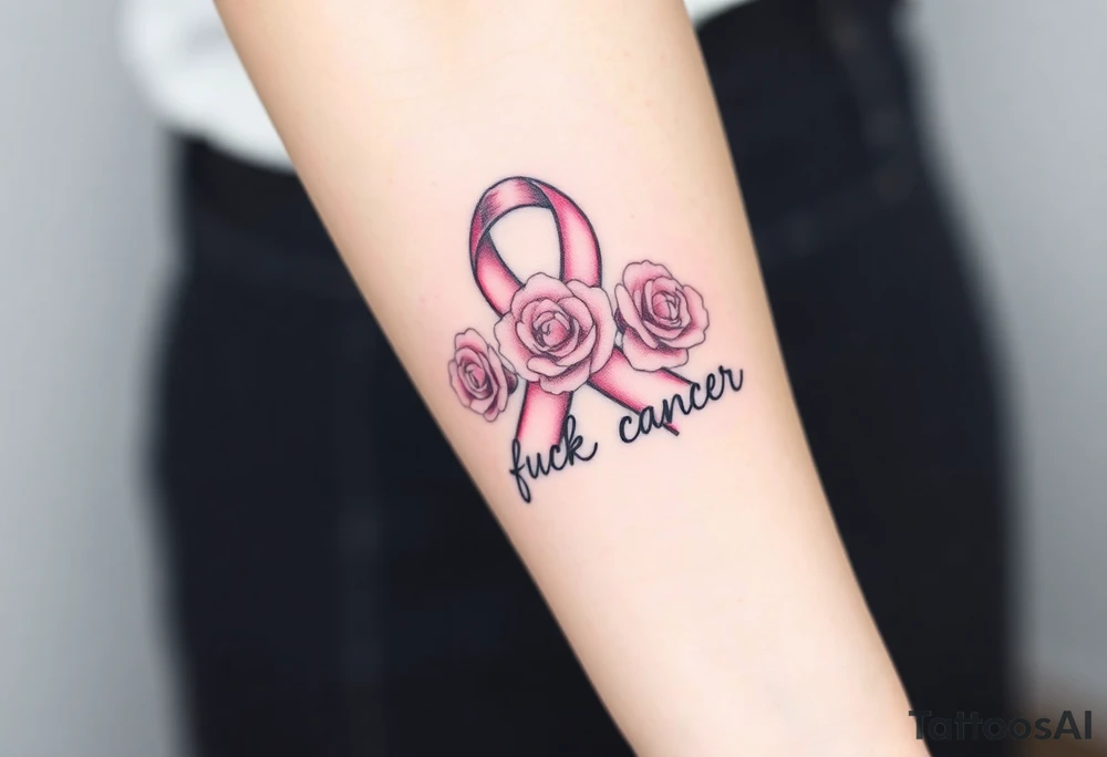 Pretty pink Cancer ribbon that says "fuck cancer"with 3 light pink roses tattoo idea