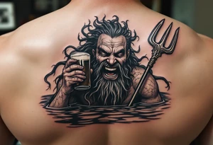 laughing poseidon, with a trident, in calm water, holding a beer tattoo idea