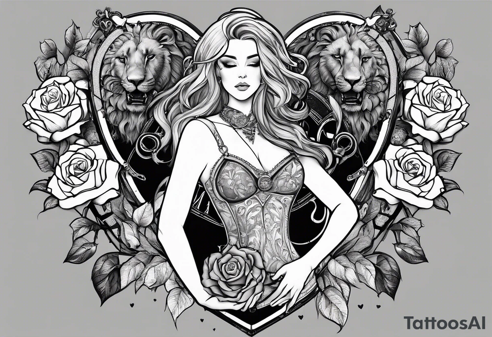 Women holding a mechanical heart roses, time watch, lion, strength tattoo idea