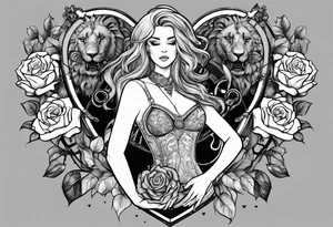 Women holding a mechanical heart roses, time watch, lion, strength tattoo idea