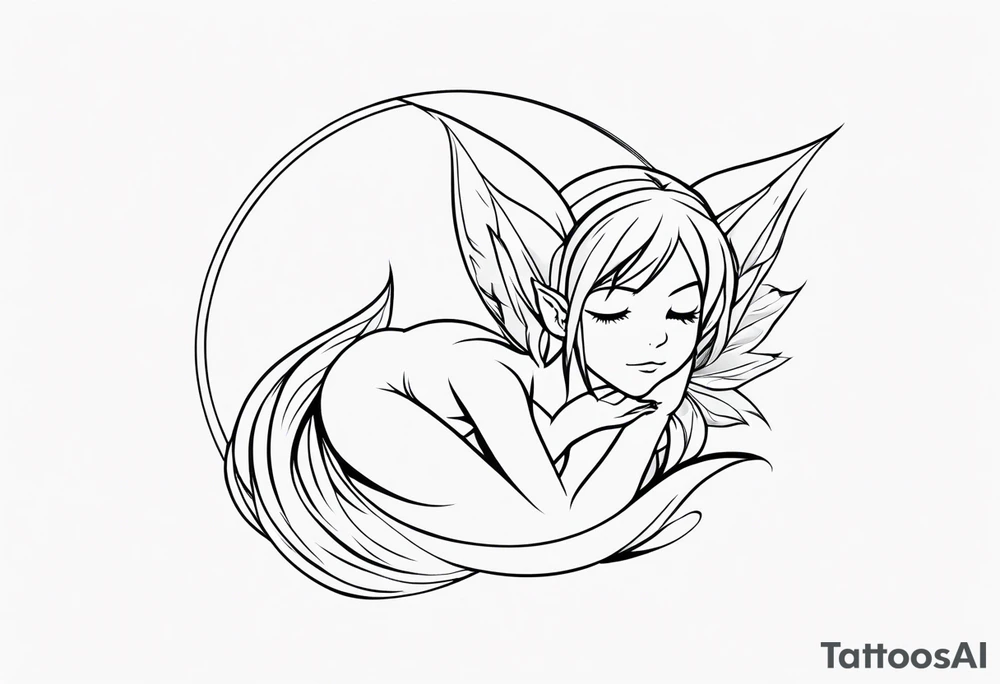 No color fairy with a tail inspired by the logo of the anime show called Fairy Tail in a fetal position leaning in and forward while sleeping tattoo idea
