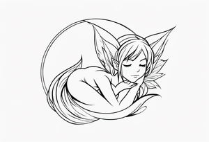 No color fairy with a tail inspired by the logo of the anime show called Fairy Tail in a fetal position leaning in and forward while sleeping tattoo idea