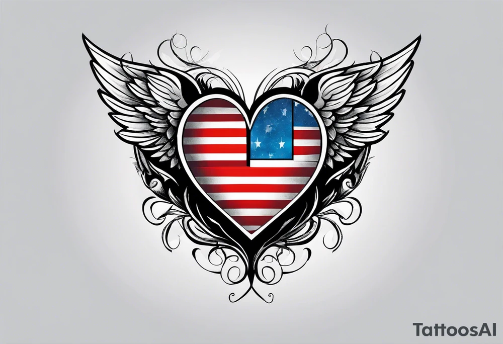 Flag inside of a heart with wings tattoo idea