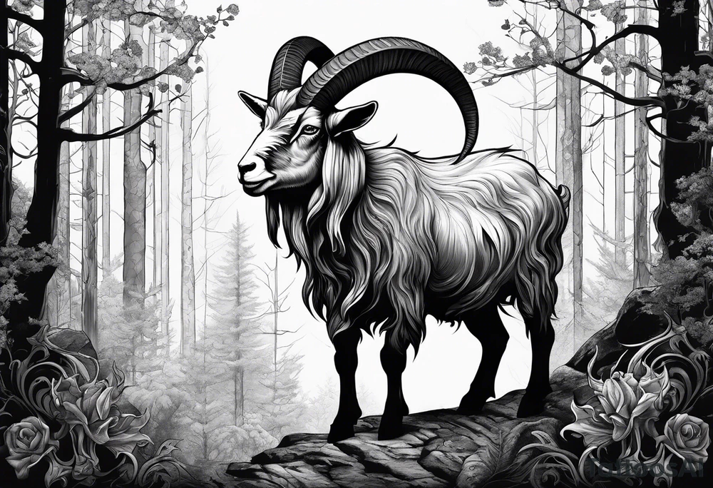 Evil Satanic goat with horns (full body) in a forest tattoo idea