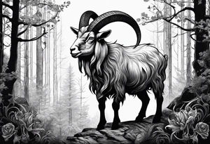 Evil Satanic goat with horns  (full body) in a forest tattoo idea