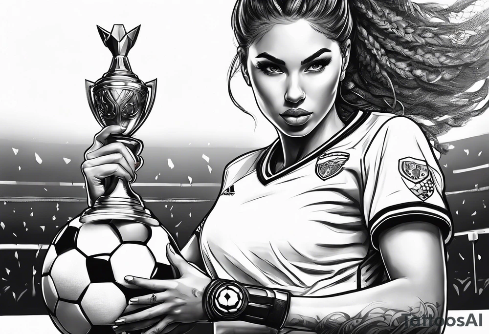 Woman warrior holding a soccer trophy in her hand and sensually wearing a soccer jersey. Holding a weapon in her other hand. tattoo idea