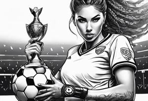 Woman warrior holding a soccer trophy in her hand and sensually wearing a soccer jersey. Holding a weapon in her other hand. tattoo idea