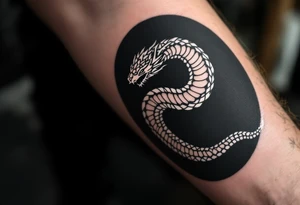 A white ouroboros (snake eating its own tail) on a black circular background, symbolizing eternal safety. tattoo idea