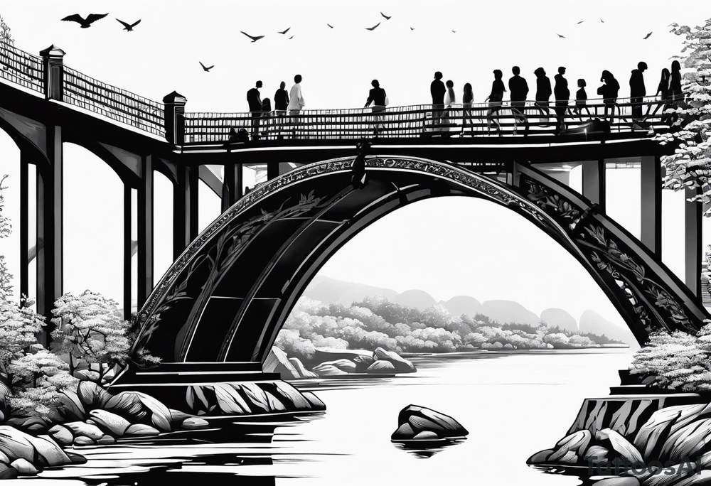 Cross shaped bridge with people walking across tattoo idea Cross shaped bridge with people walking across tattoo idea