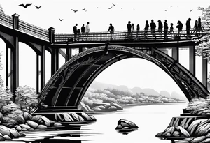 Cross shaped bridge with people walking across tattoo idea