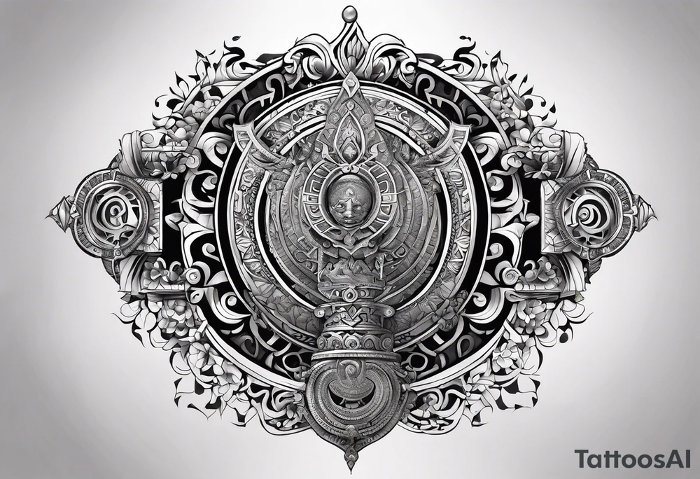 right chest and right shoulder tattoo combined with a tribal design with tamil ancient hindu element.  for a man, no pictures of god or faces. tattoo idea