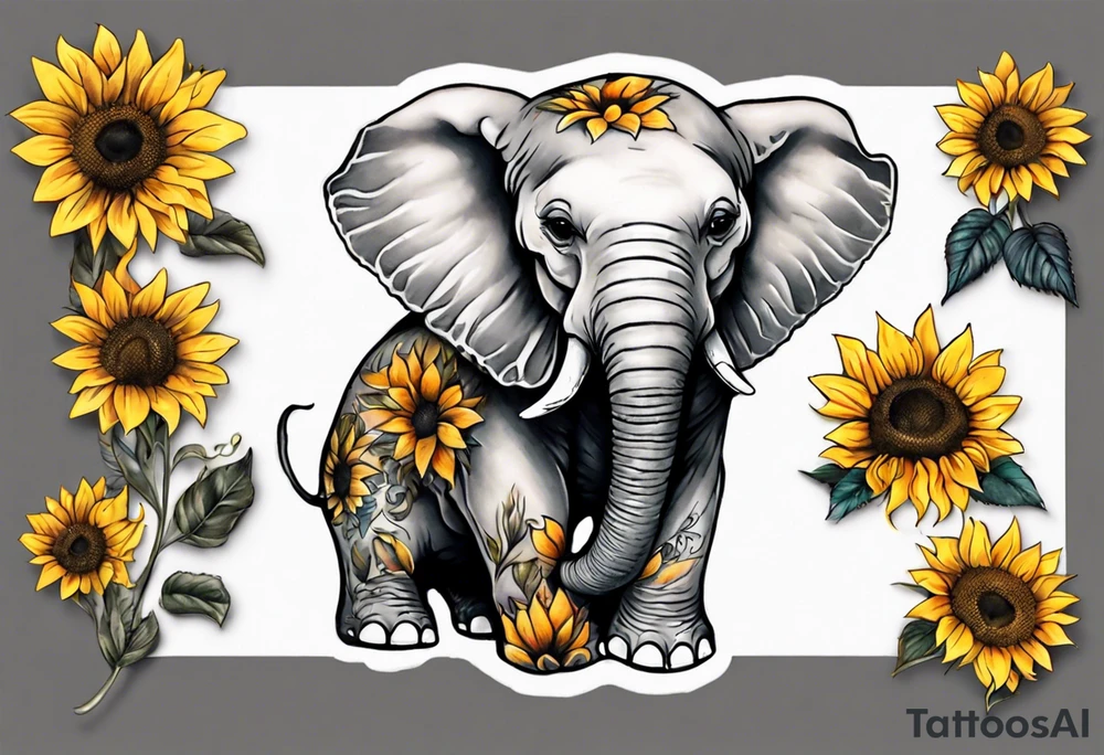 Under boob sternum baby elephant with sunflowers tattoo idea