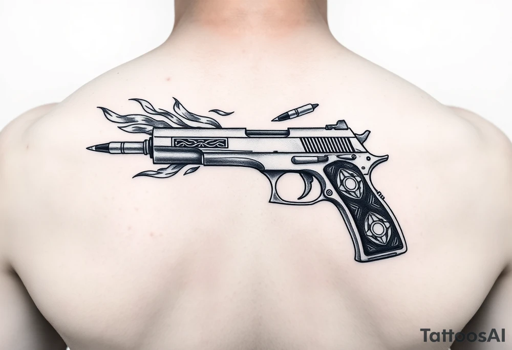9mm gun with Egyptian detail on handle gun surrounded by flames and two bullets shooting out of gun tattoo idea