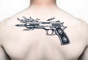 9mm gun with Egyptian detail on handle gun surrounded by flames and two bullets shooting out of gun tattoo idea