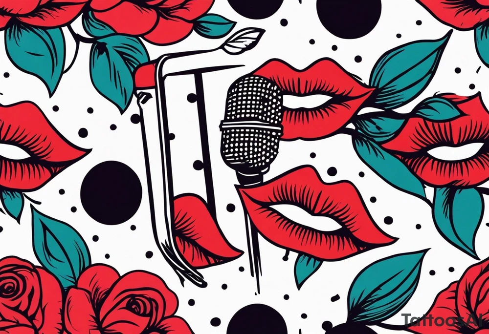 lips singing old school vintage traditional
flowers around and mouth next to microphone
bold and colorful simple design dots and simple flowers sketch tattoo idea