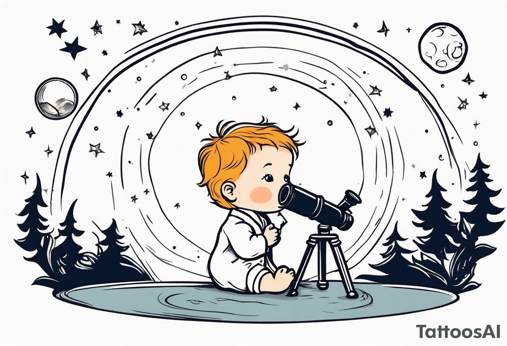 Small baby in a lab coat looking up at the stars through a telescope tattoo idea