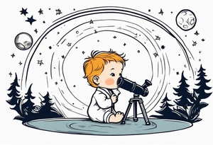 Small baby in a lab coat looking up at the stars through a telescope tattoo idea