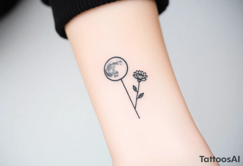 Small black ink minimalist tattoo with full moon, small chrysanthemum and tiny scorpio gliph tattoo idea