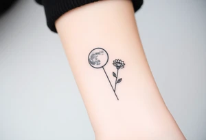 Small black ink minimalist tattoo with full moon, small chrysanthemum and tiny scorpio gliph tattoo idea