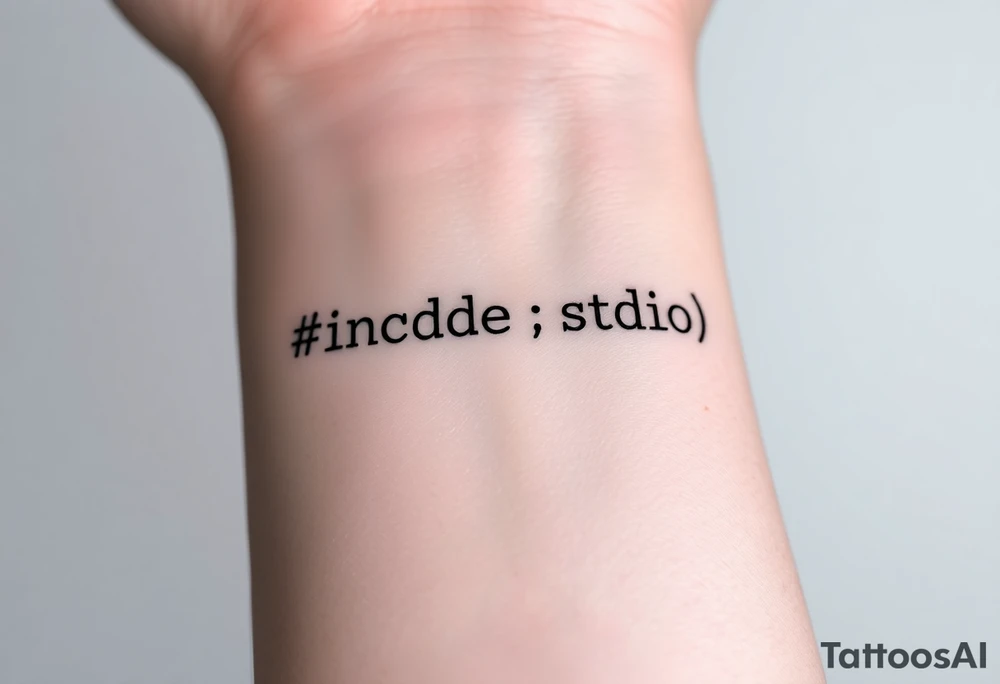 Minimalist black tattoo of the text "#include <stdio.h>" on a human wrist. Clean monospace font (programming style), thin lines, sharp and precise lettering. No colors, only solid black ink. Realistic skin texture, natural wrist curvature, subtle lighting. Simple and elegant composition, no additional elements or decorations. Focus on clarity and readability of the code text. tattoo idea