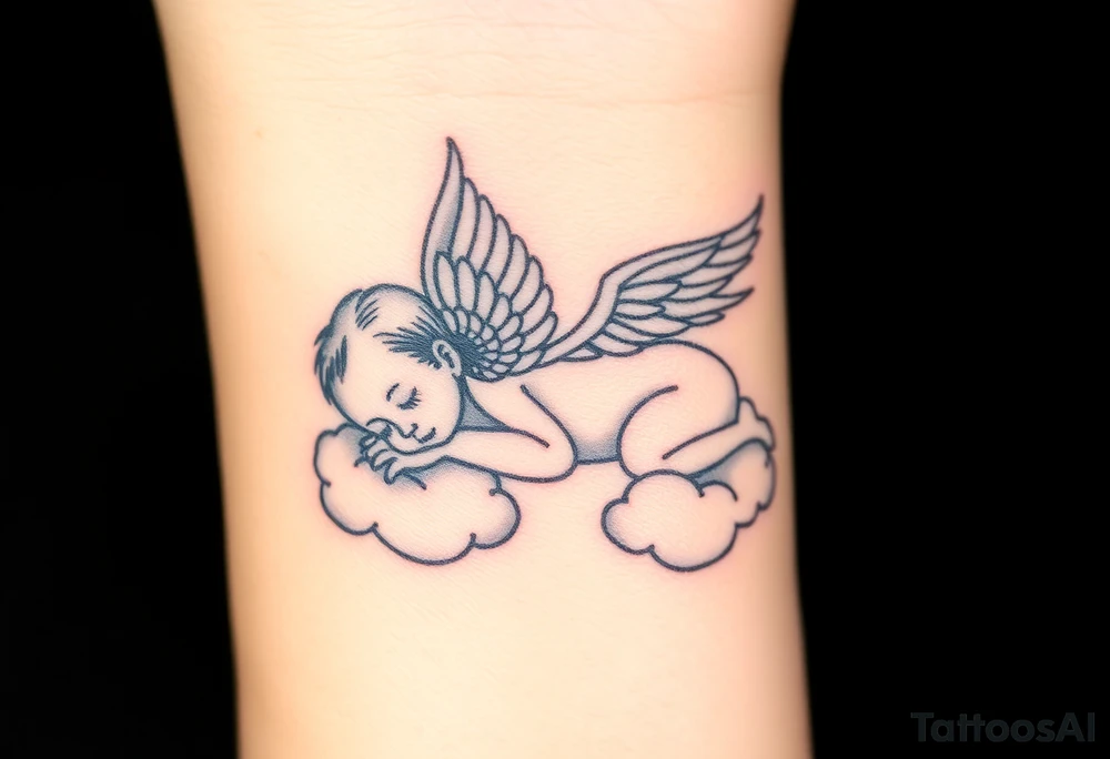 Sleeping Winged baby, laying on the clouds tattoo idea