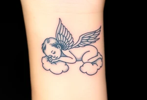 Sleeping Winged baby, laying on the clouds tattoo idea