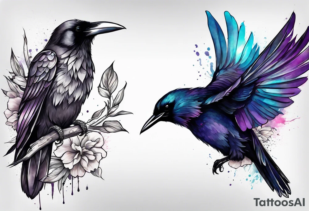 raven above a hummingbird with the raven facing right and the hummingbird facing left tattoo idea