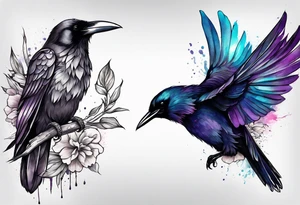 raven above a hummingbird with the raven facing right and the hummingbird facing left tattoo idea