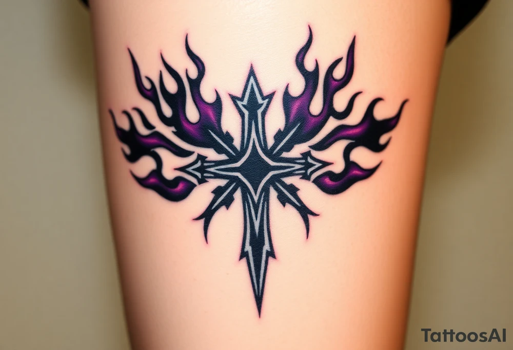 A black upside down cross engulfed in dark purple flames, tattoo idea