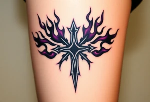 A black upside down cross engulfed in dark purple flames, tattoo idea