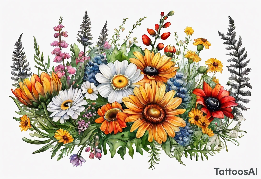 sideways oval of wildflowers cascading with thistles, ferns, white anemones, sun flowers, red flowers, black flowers, buttercups, orange flowers, babys breath and daisies all in watercolor tattoo idea