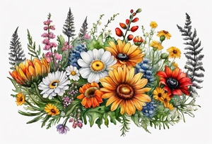 sideways oval of wildflowers cascading with thistles, ferns, white anemones, sun flowers, red flowers, black flowers, buttercups, orange flowers, babys breath and daisies all in watercolor tattoo idea