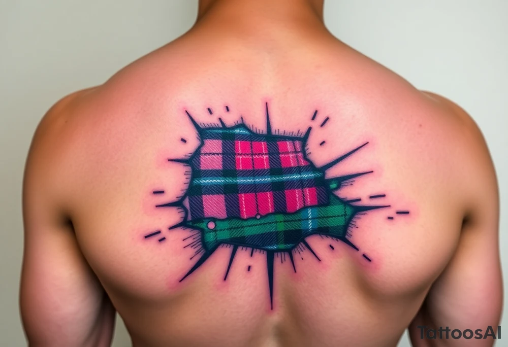Dark Purple with green pink blue and white highlights tartan fabric on arm with skin ripping away to reveal tartan underneath tattoo idea