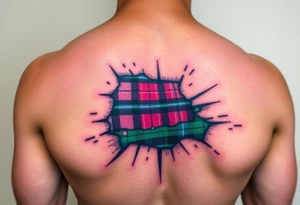 Dark Purple with green pink blue and white highlights tartan fabric on arm with skin ripping away to reveal tartan underneath tattoo idea