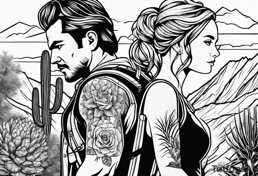 Man, woman, hiking, cactus tattoo idea