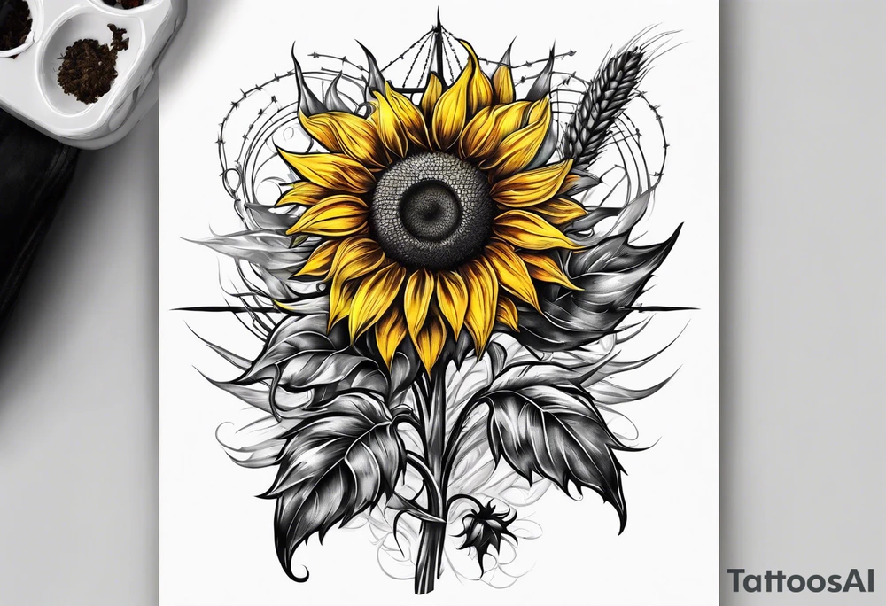 Sunflower, wheat, and barbed wire half sleeve tattoo idea Sunflower, wheat, and barbed wire half sleeve tattoo idea