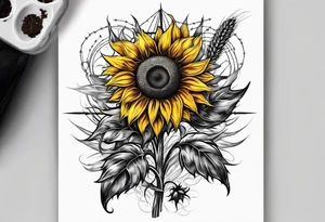 Sunflower, wheat, and barbed wire half sleeve tattoo idea