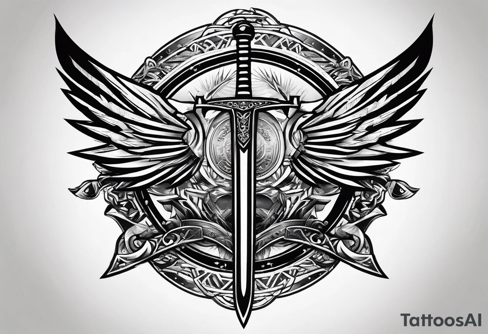 minimal cyber sigilism round pointy swords shoulder design tattoo idea