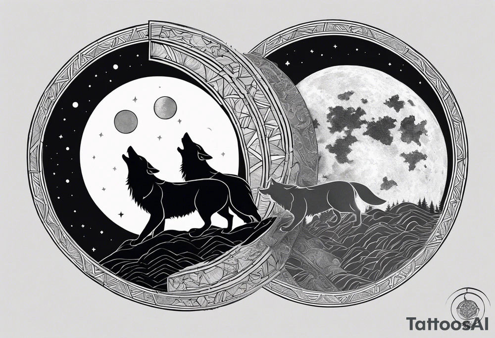 Two wolves—Sköll and Hati—one chasing the sun and the other chasing the moon. You could position them on opposite sides of a circular design with the sun rising and the moon setting at the top and bottom. tattoo idea