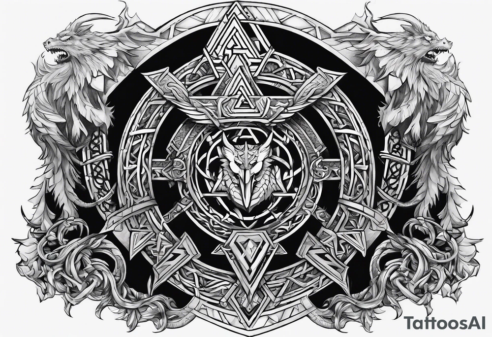 Valhalla sword shield dragon axe stairs Valknut barbed wire chains valknut fire tattoo idea