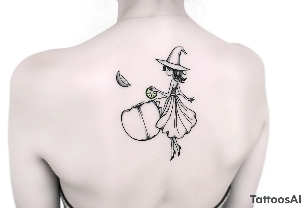 Coconut with a lime and a dancing magical witch girl tattoo idea