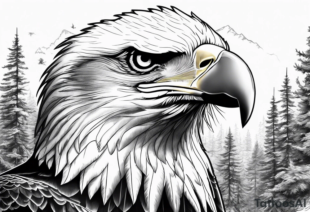 Bald eagle head with forest scenery and compass tattoo idea Bald eagle head with forest scenery and compass tattoo idea