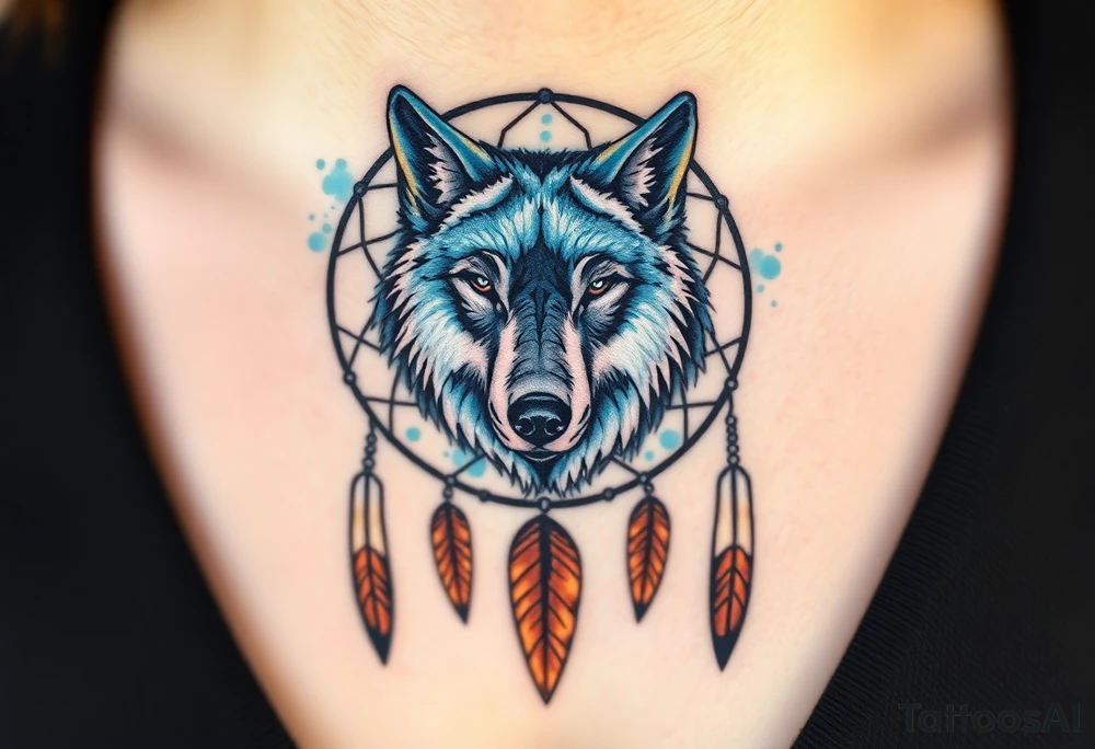A dreamcatcher with a wolf’s face inside, with intricate feather patterns. The wolf’s fur is painted in cool tones of blue and silver, and the feathers are shaded in soft brown and gold tattoo idea