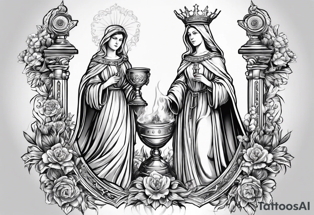 holy saint barbara with canons behind her and a chalice tattoo idea